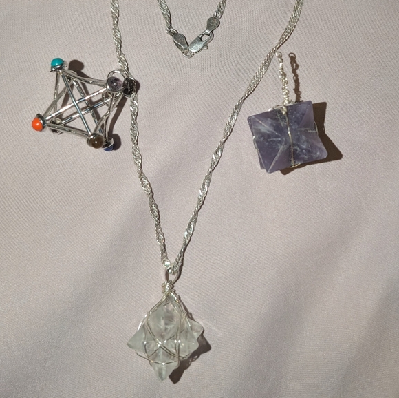 Three Merkaba Pendants Interchangeable With 925 Silver Chain, Crystals & Stones - Picture 1 of 6